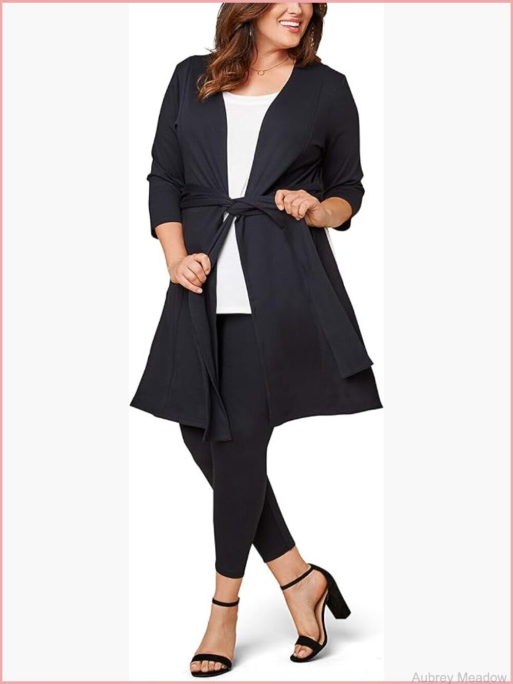 Ponte Open Front Long Cardigan with Tie Waist & 3/4 Sleeves